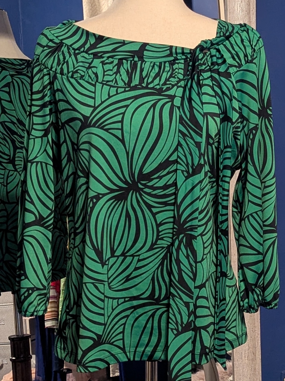 Worthington Green and Black Floral-Print Off-Shoulder Top